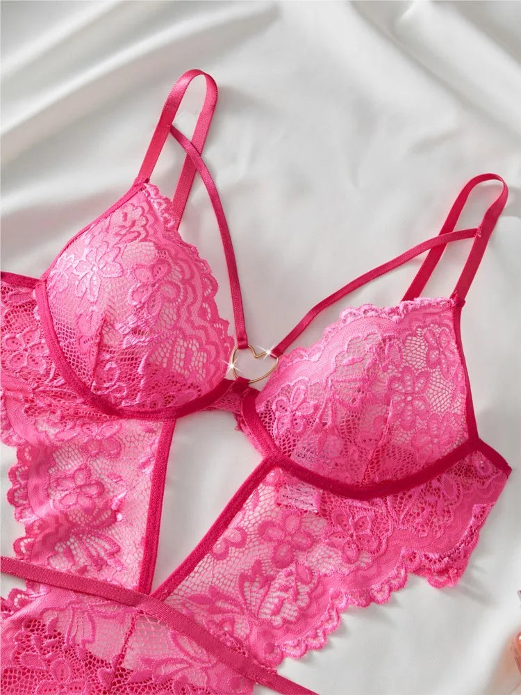 Women Lace Bodysuit Female Underwear Floral Embroidery Heart Shaped Ornament Design Bodycon