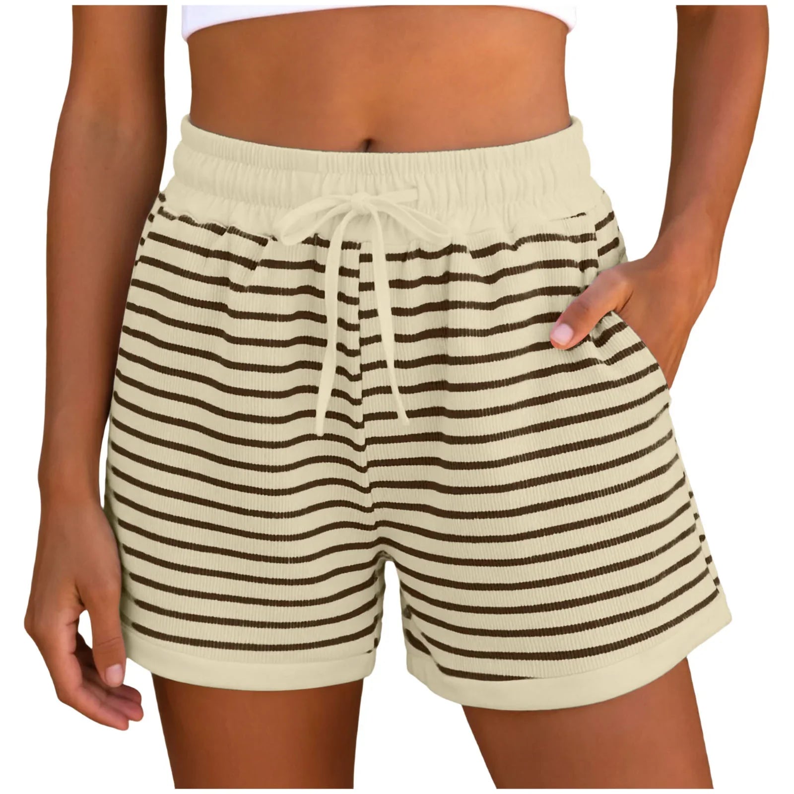 Y2k Cute Contrast Color Elastic High Waist Striped Shorts Women Drawstring Summer Shorts With Pockets Loose Fit Ribbed Shorts