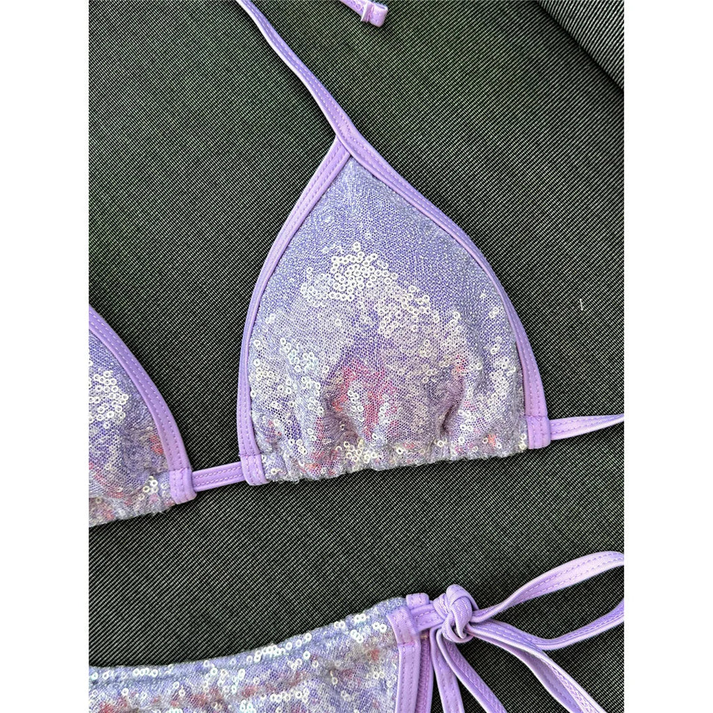 Sequins Halter Bikini Female Swimsuit Women Swimwear Two-Pieces Bikini Set High Cut Leg Padded Bather Bathing Suit Swim V8302