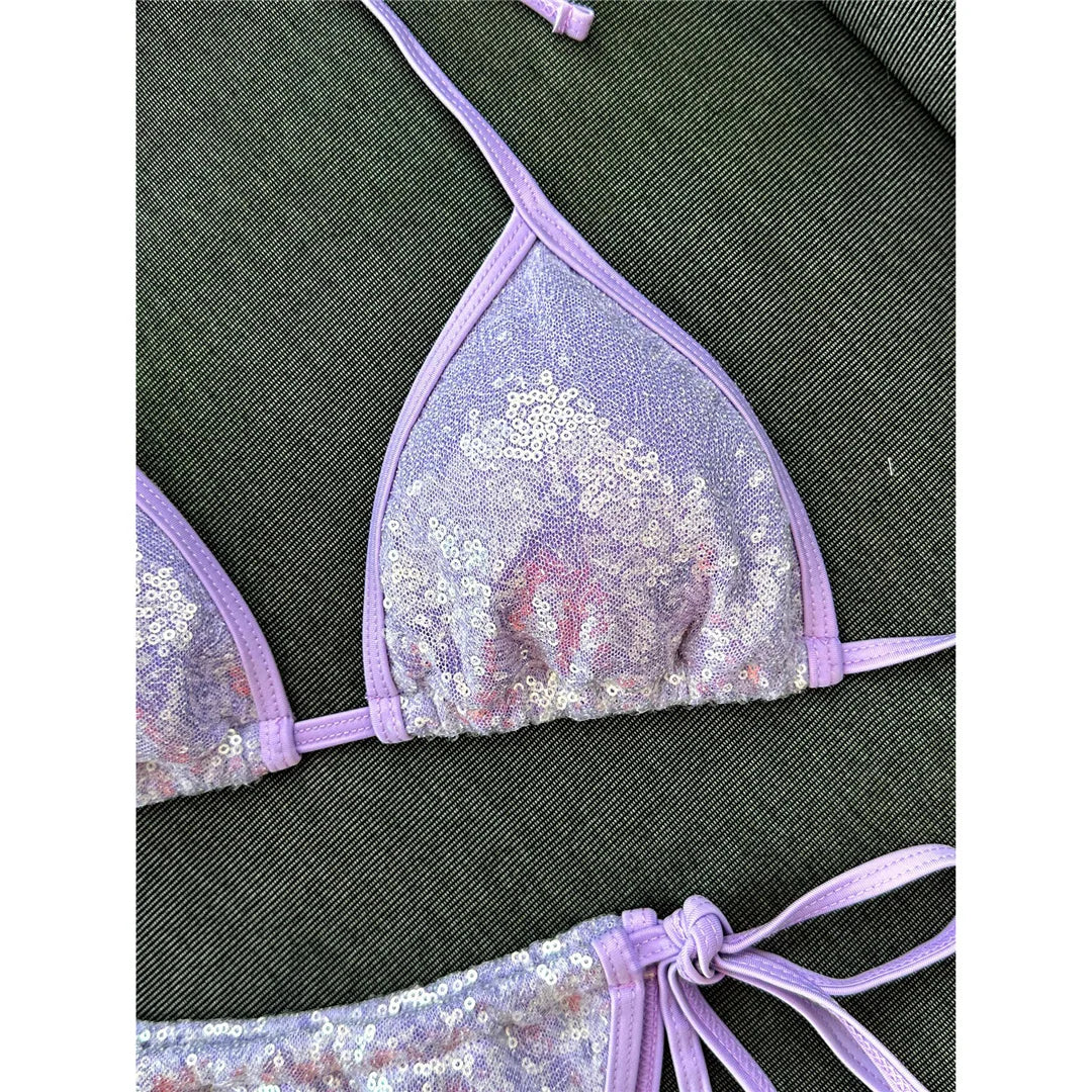 Sequins Halter Bikini Female Swimsuit Women Swimwear Two-Pieces Bikini Set High Cut Leg Padded Bather Bathing Suit Swim V8302
