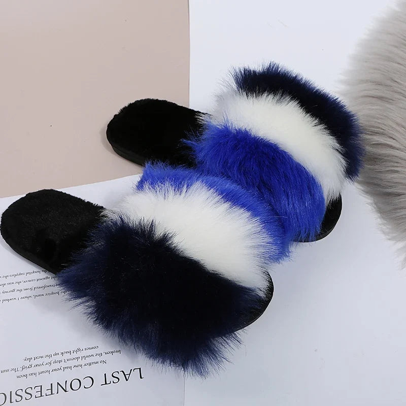 Mix Color Faux Fur Cotton Slippers for Women Open Toe Non Slip Plush Slippers Woman 2025 Lightweight Indoor Flats Slides Mujer
