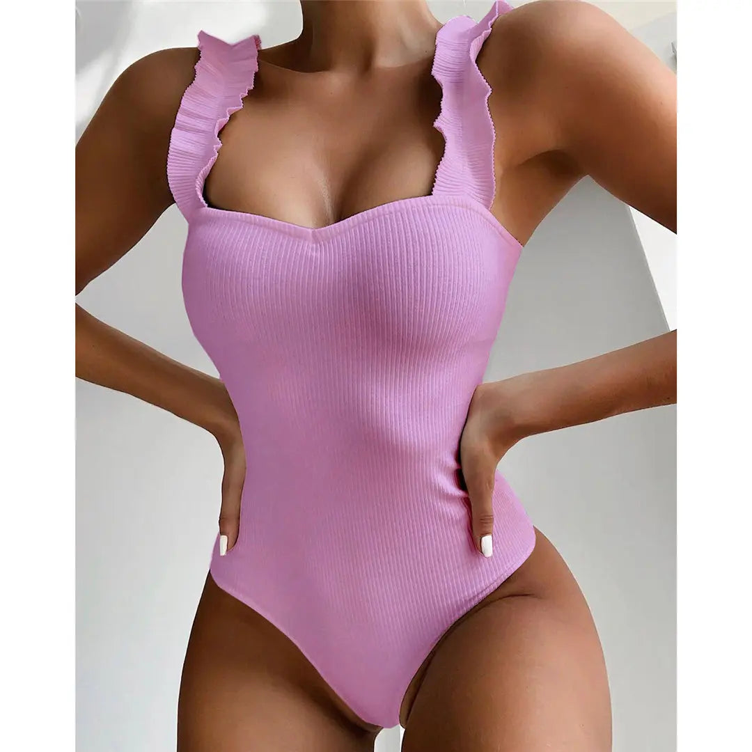 6 Colors Frill Trim Ruffled Sexy Women Swimwear One Piece Swimsuit Female Ribbed Bather Bathing Suit Swim Wear Monokini V1668