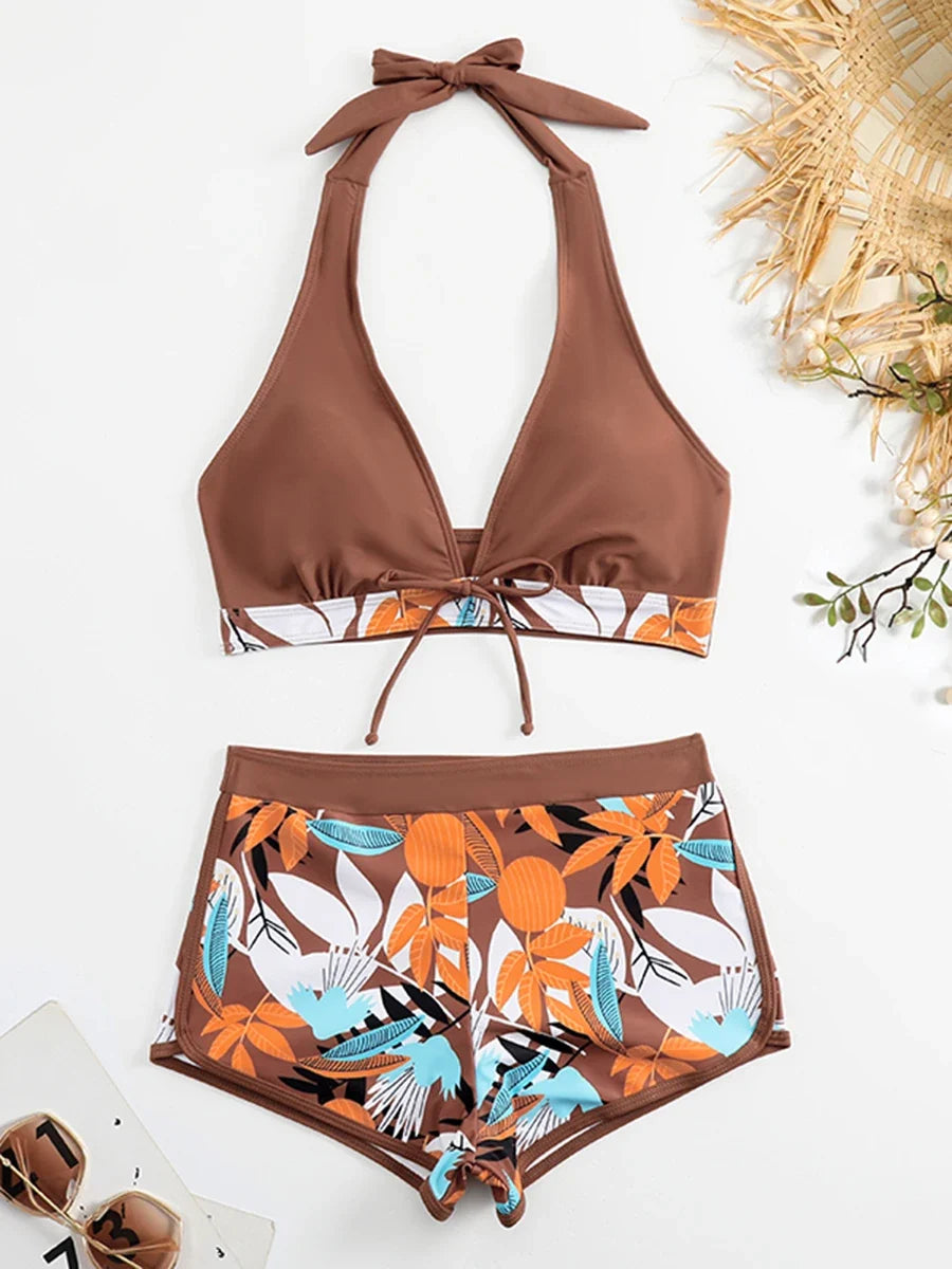 Halter Bikinis 2026 Women Printed Swimsuit Shorts High Waist Swimwear Female Bathers Swimming Bathing Suit Summer Beachwear