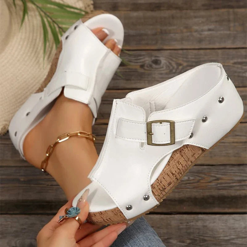 outdoor adjustable strap platform sandals women summer rivet solid wedges women'sandals slip-on walking sandles woman