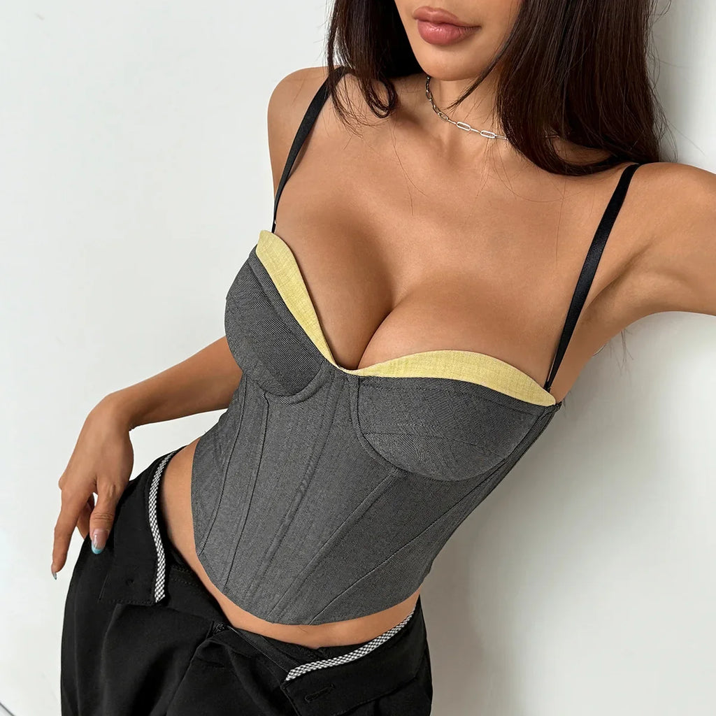 Fashion Retro Gray Splicing Tank Top Women Sexy Patchwork Slim Fit Fishbone Corset Elegant Bustier Hot Girl Party Club Tops Vest