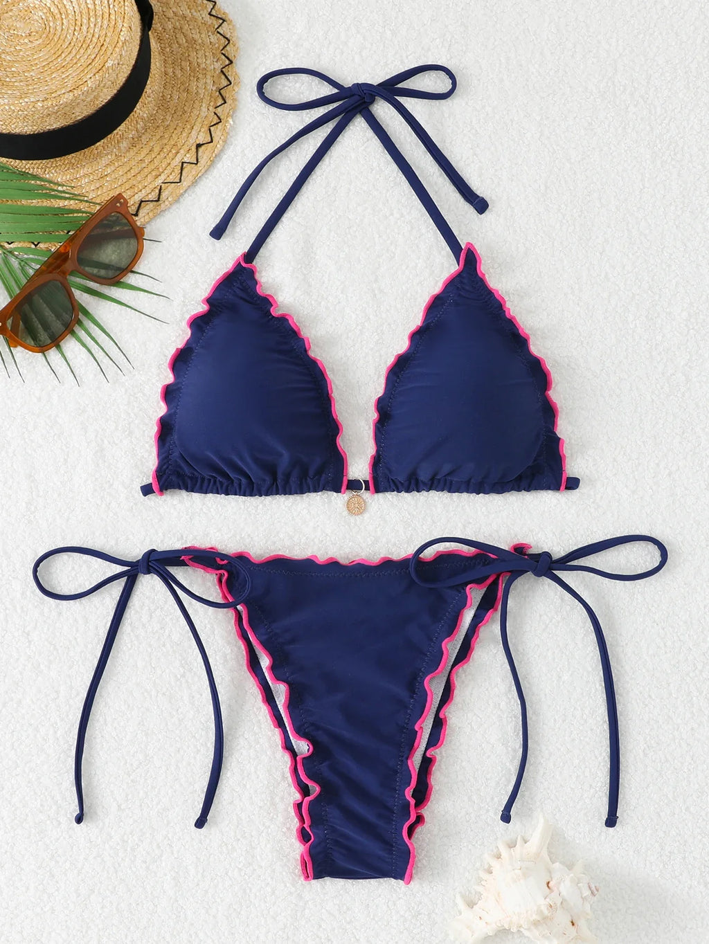 Triangle Halter String Bikinis 2026 Women Sexy Ruffle Swimsuit Solid Cherry Swimwear Female Bathers Bathing Swimming Swim Suit