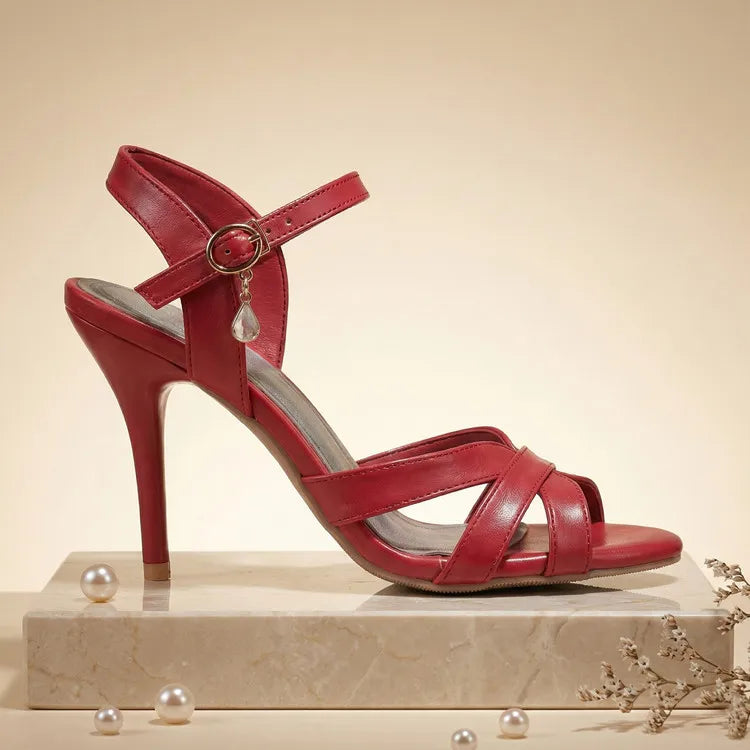 2026 Summer New Women's Metallic High Heel Sandals Ankle Strap Crystal Buckle Stiletto Heels Sexy Party Wedding Prom Dress Shoes