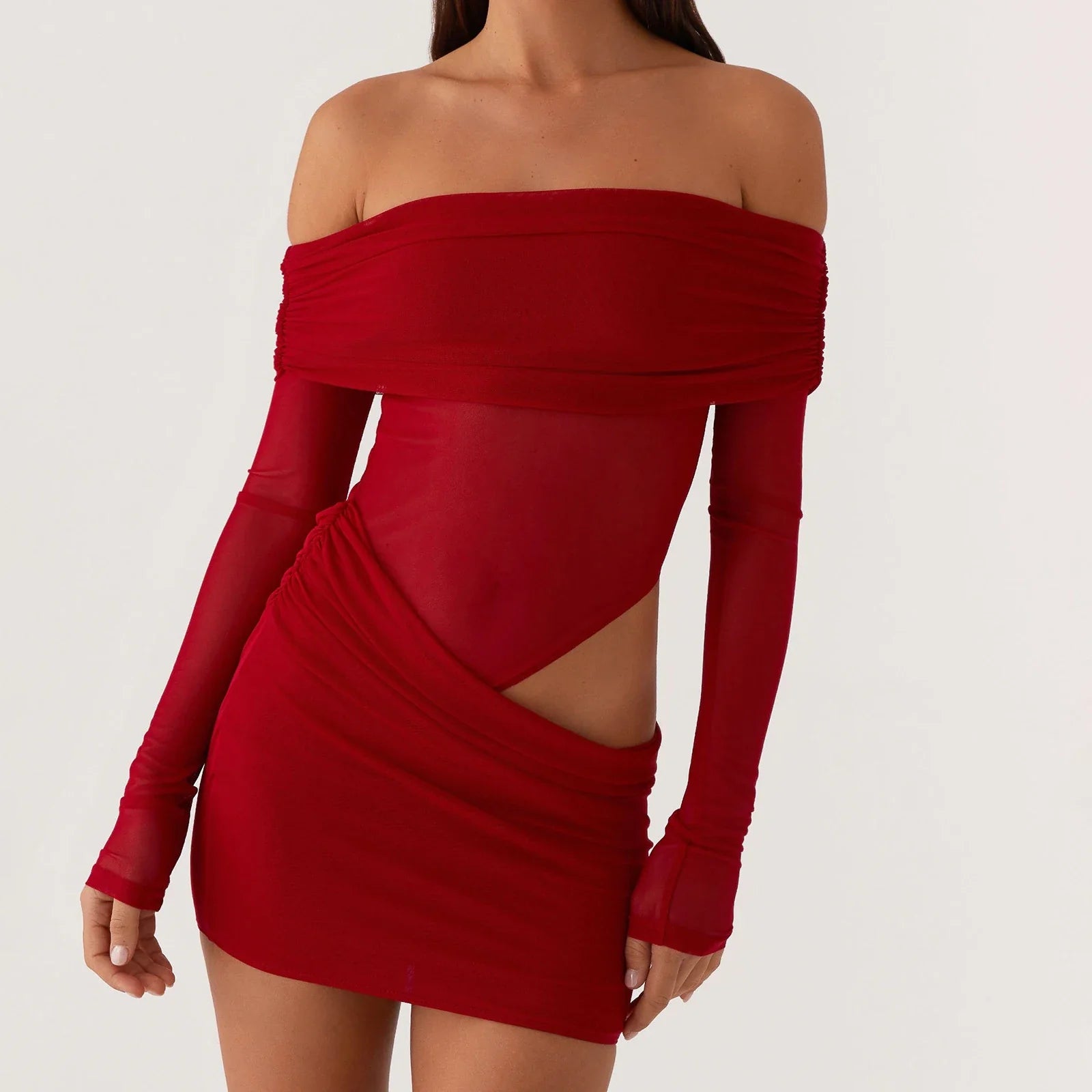 Women Mini Off Shoulder Slim Ruched Solid Color Party Club Dresses Cut Out Long Sleeve Backless Short Mesh Bodycon Dress