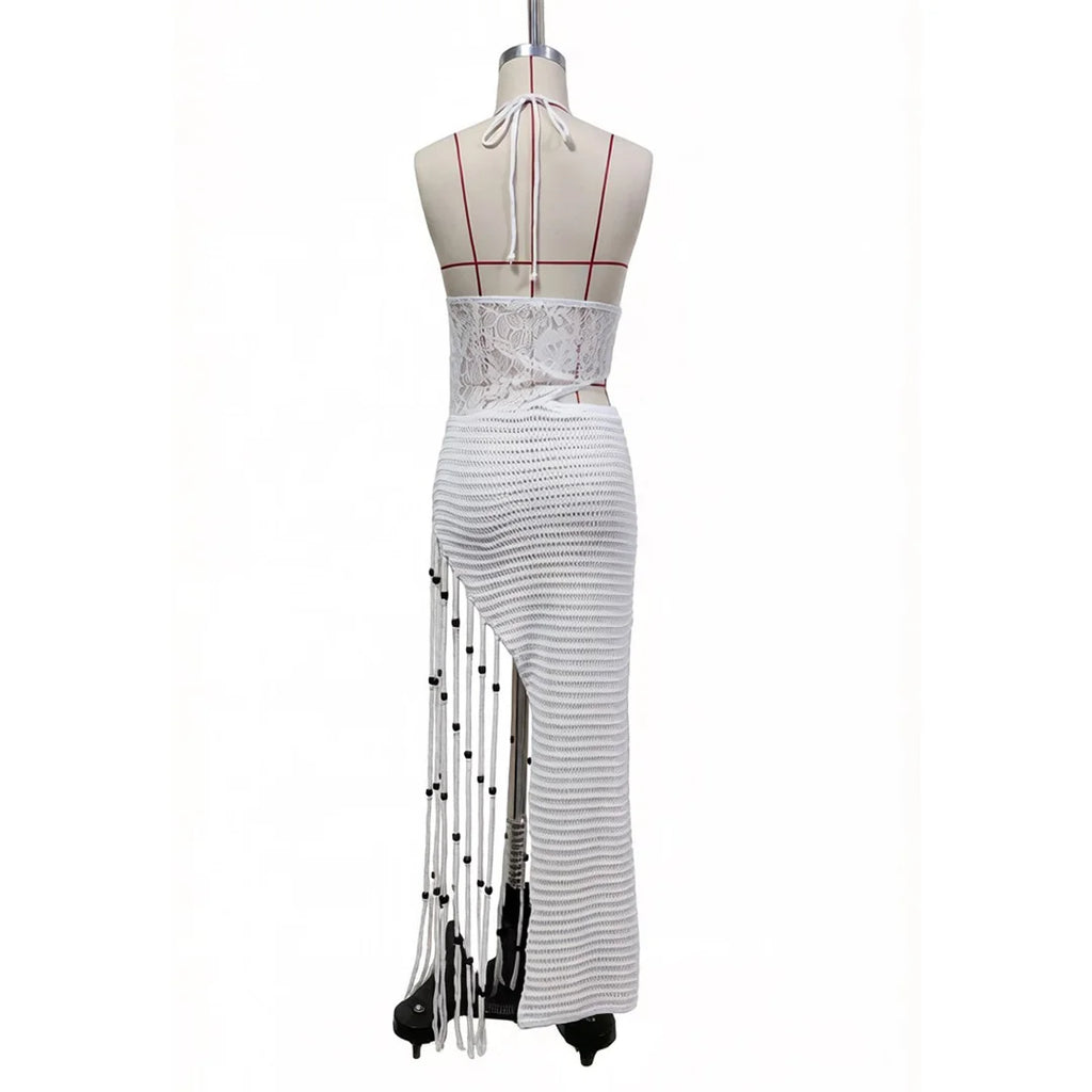 New Tassels Asymmetric Halter Crochet Knitted Tunic Beach Cover Up Cover-ups Beach Dress Beach Wear Beachwear Female Women V8257
