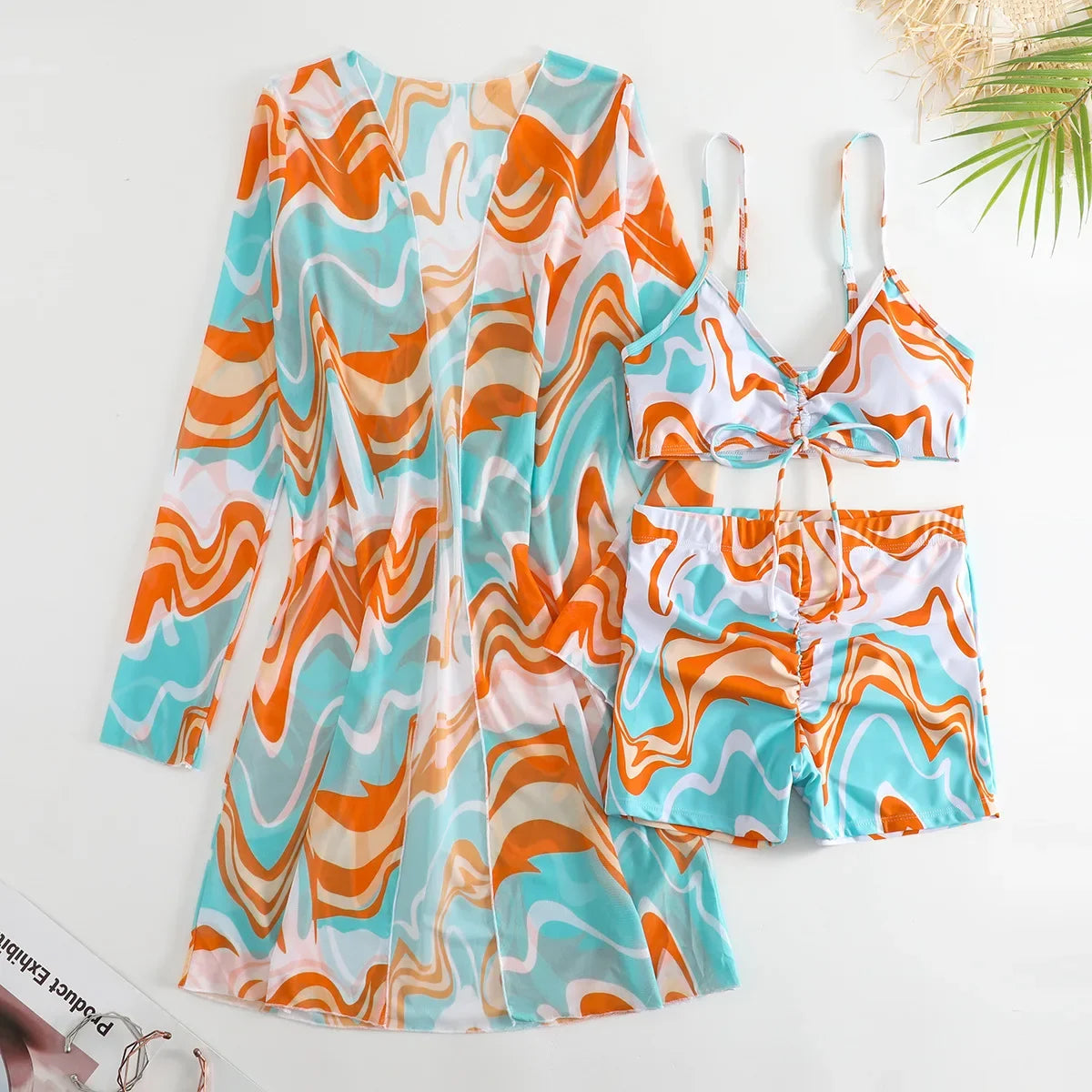 New Sexy 3 Pieces Suit for Women Neck Hanging Bikini Set+Cover-up Swimwear Sunproof Tankini High Waist Shorts Swimsuit Beachwear