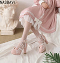 Blue White Ankle Sandals Girls Lace Strap Ankle Women High Heels Mary Janes Pumps Party Wedding Dress Bow Princess Lolita Shoes