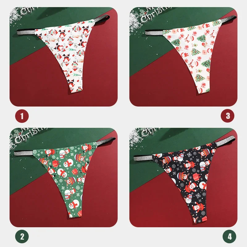 4Pcs Christmas Print Underwear Breathable Shiny Belt Thong Women Skin-friendly Fashionable Casual Christmas Gifts