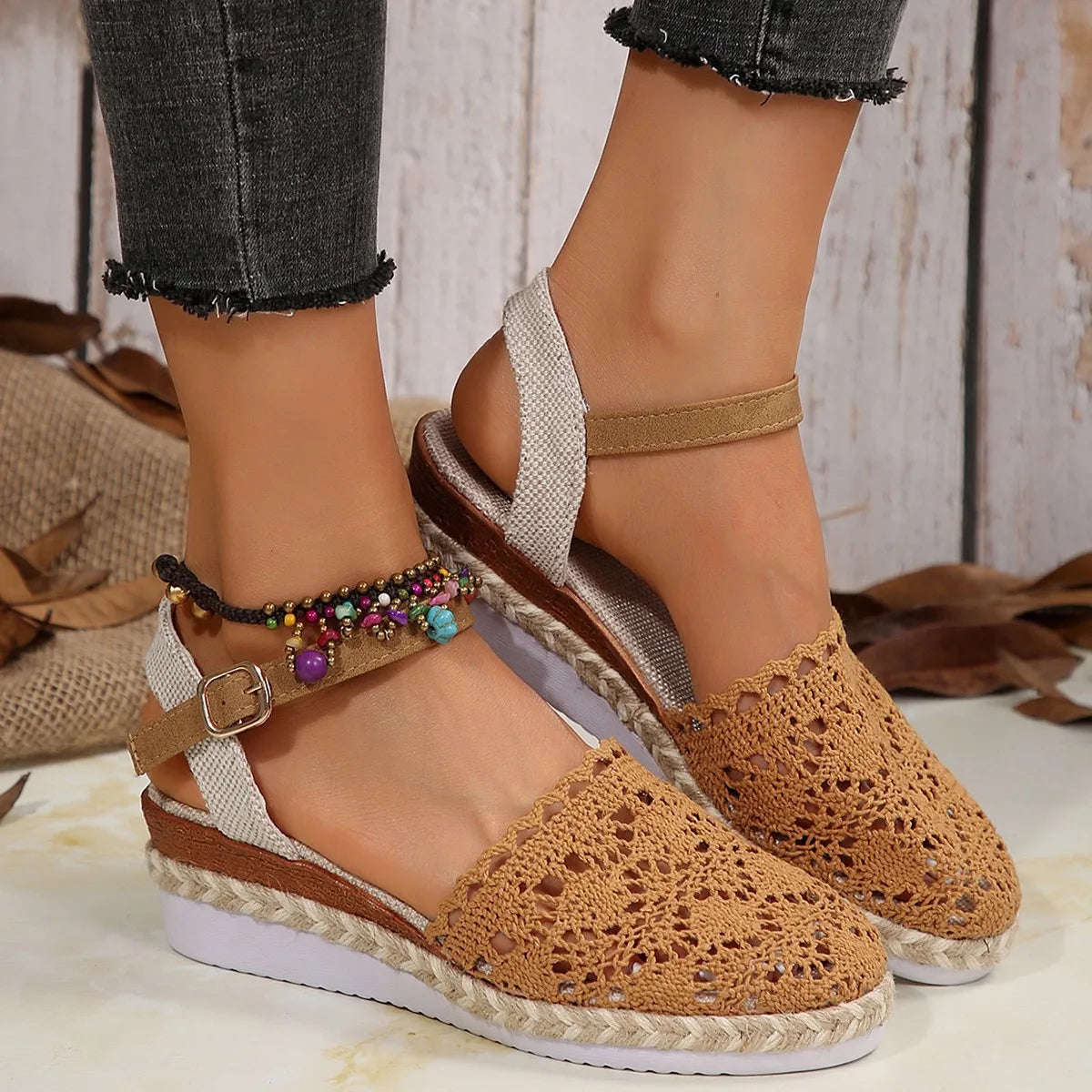Hollow Fabric Roman Shoes Summer Travel Round Head Wedge Toe Fashion Sandals Comfortable Thick-sole Women's Shoes 2026