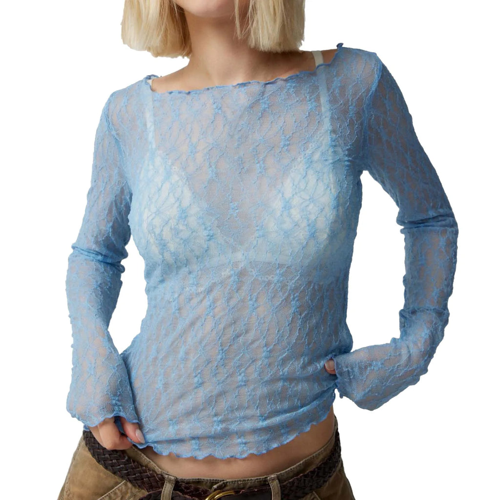 Sexy Lace Hot Girl Crop Tops Fashion Women Spring Autumn Long Sleeve Slim Fit Sheer T-Shirts Casual Streetwear Solid Basic Tees