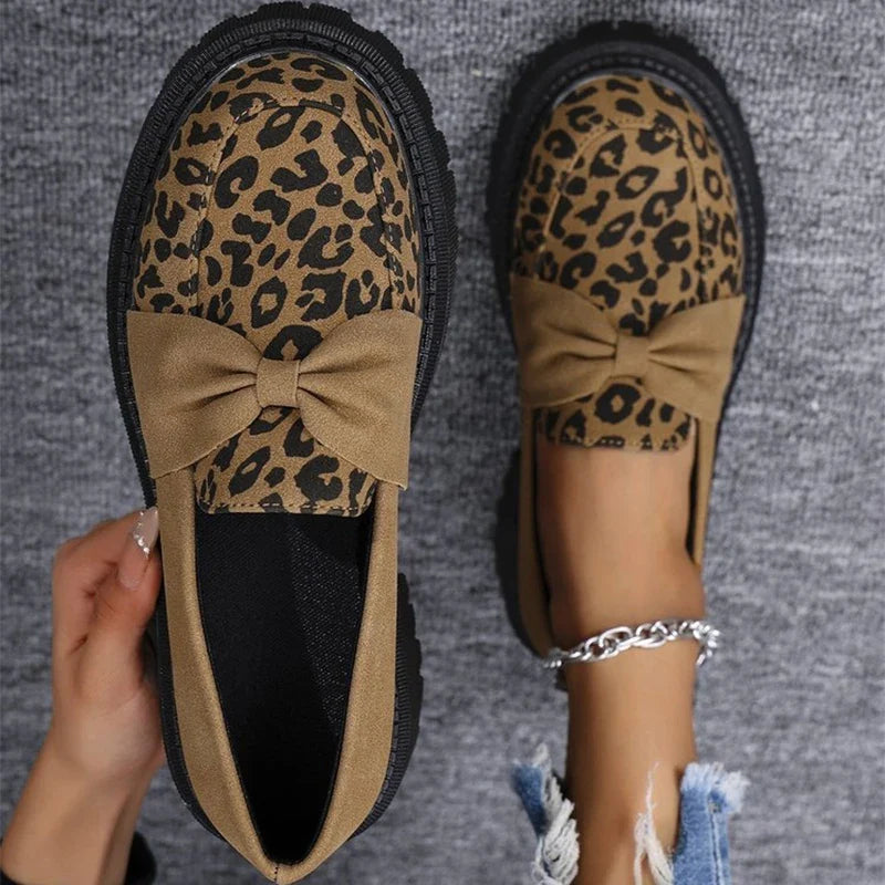 Leopard Faux Suede Loafers Shoes for Women Plus Size Platform Shoes Woman Bowknot Decoration Slip On Casual Shoes Mujer