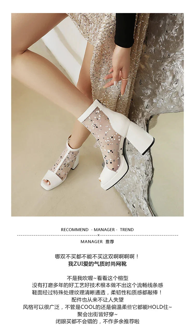 White Polka Dot Mesh Peep Toe Chunky Block Heel Platform Back Zipper Ankle Sandal Boots for Women