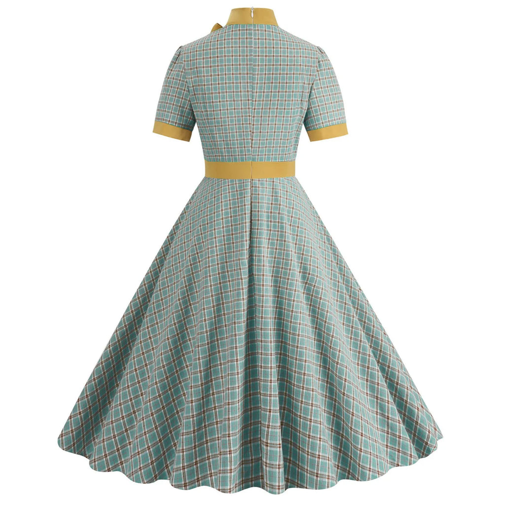 Retro Women's Plaid Dress Stand Neck Short Sleeve Cotton Dresses Lace Up Bow Tie Pleated Swing Vestidos Vintage Court Dresses