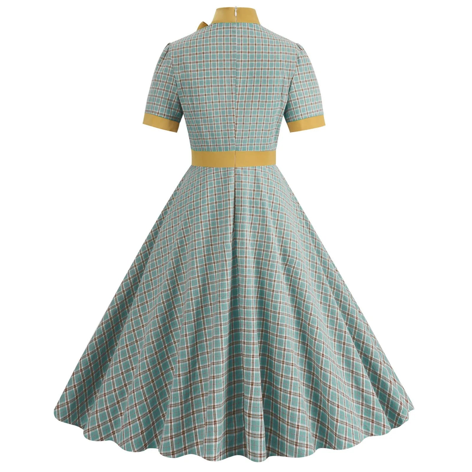 Retro Women's Plaid Dress Stand Neck Short Sleeve Cotton Dresses Lace Up Bow Tie Pleated Swing Vestidos Vintage Court Dresses