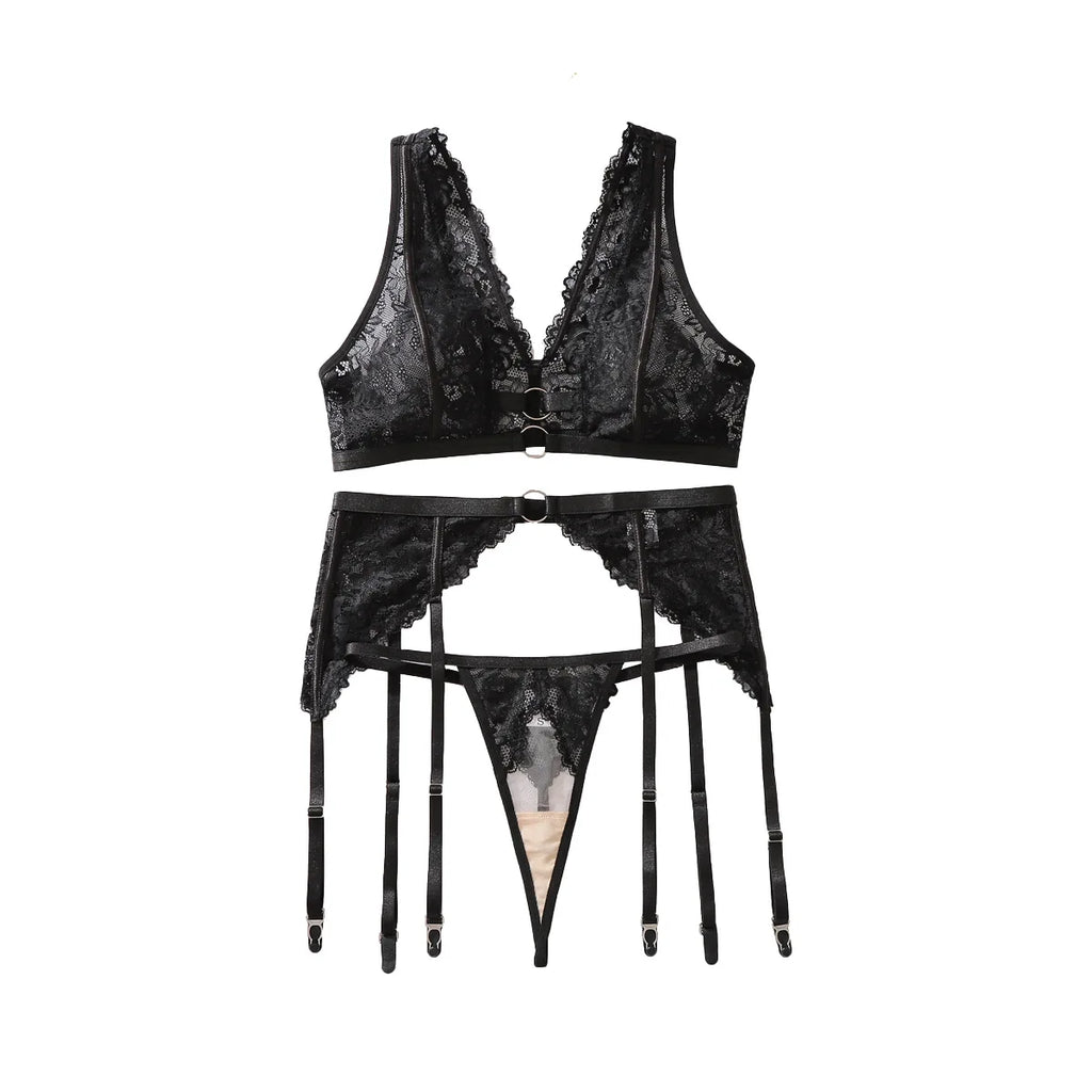Lace see-through body shaping sexy three-point bra split three-piece set