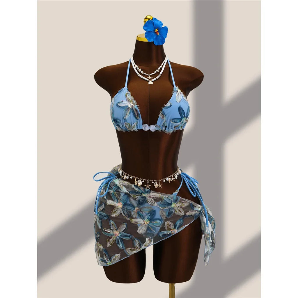 With Sarong Flower Printed Halter Bikini Female Swimsuit Women Swimwear Three-pieces Bikini set Bather Bathing Suit Swim V8321