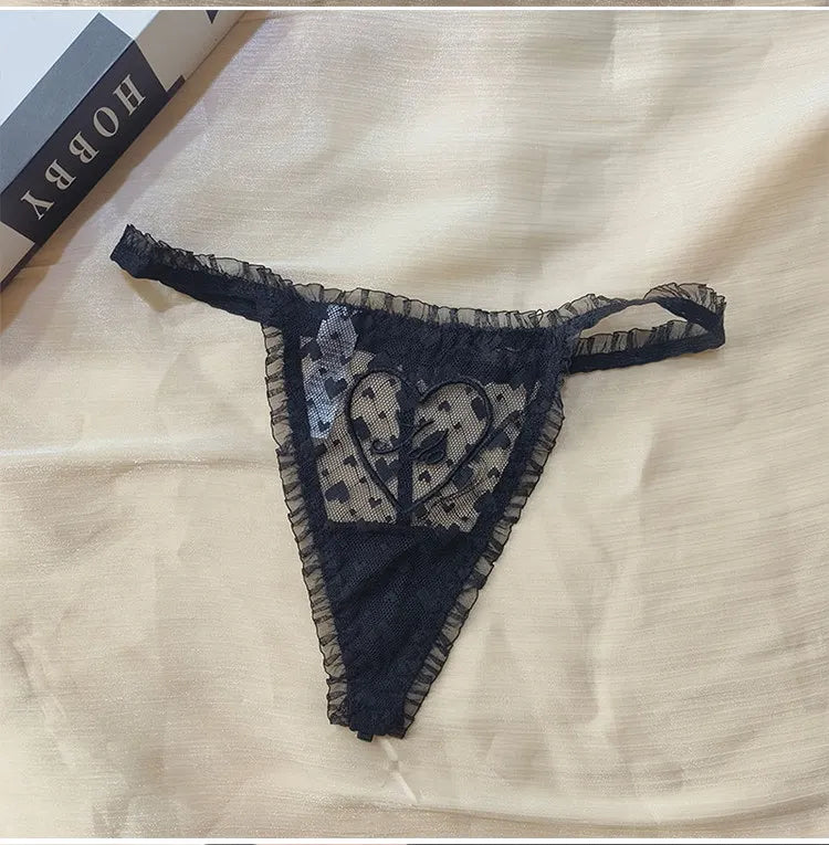 Embroidery Heart Sexy Girls Panties Women Briefs Thong Lace G String Underwear Thin Transparent Low Waist Female Lingerie
