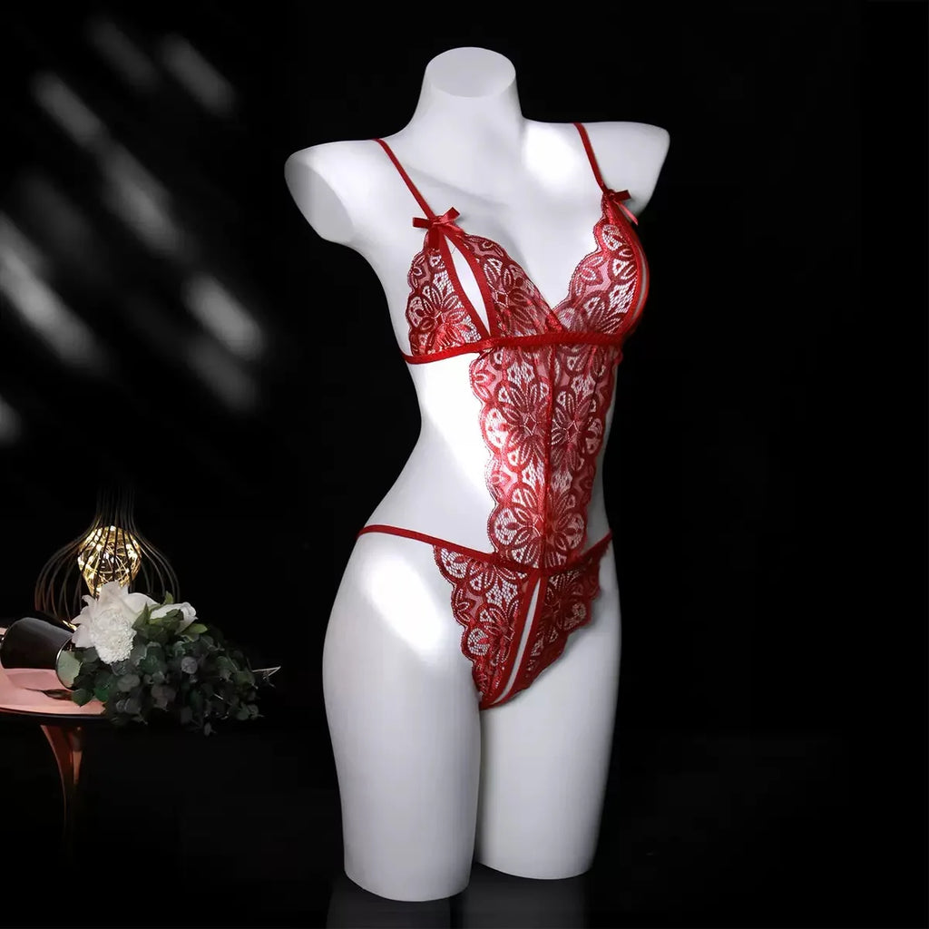 Hot Floral Lace Teddy, Bow Decor Split Cup Open Crotch Backless Bodysuit, Women's Sexy Lingerie & Underwear
