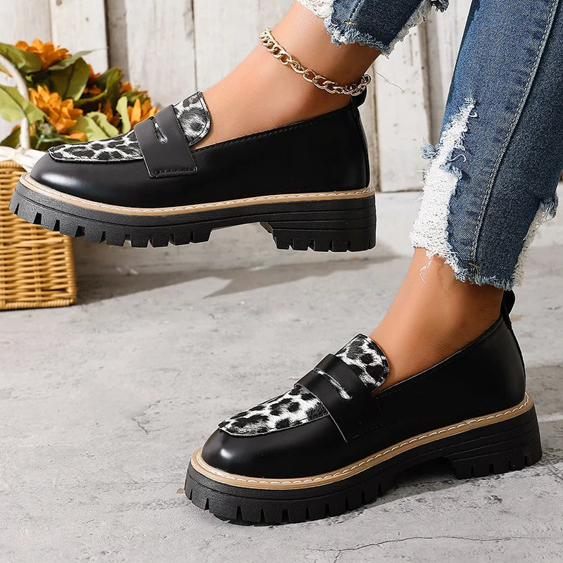 Fashion Leopard Print Platform Loafers Women Plus Size 43 Slip On Pu Leather Shoes Woman Comfort Thick Bottom Office Work Shoes