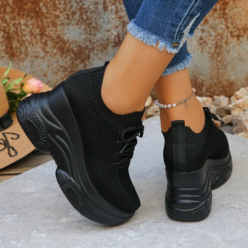 White Knitted Wedge Heels Sneakers Women Spring Autumn Breathable Chunky Platform Sneakers Woman Slip On Mesh Running Shoes 42
