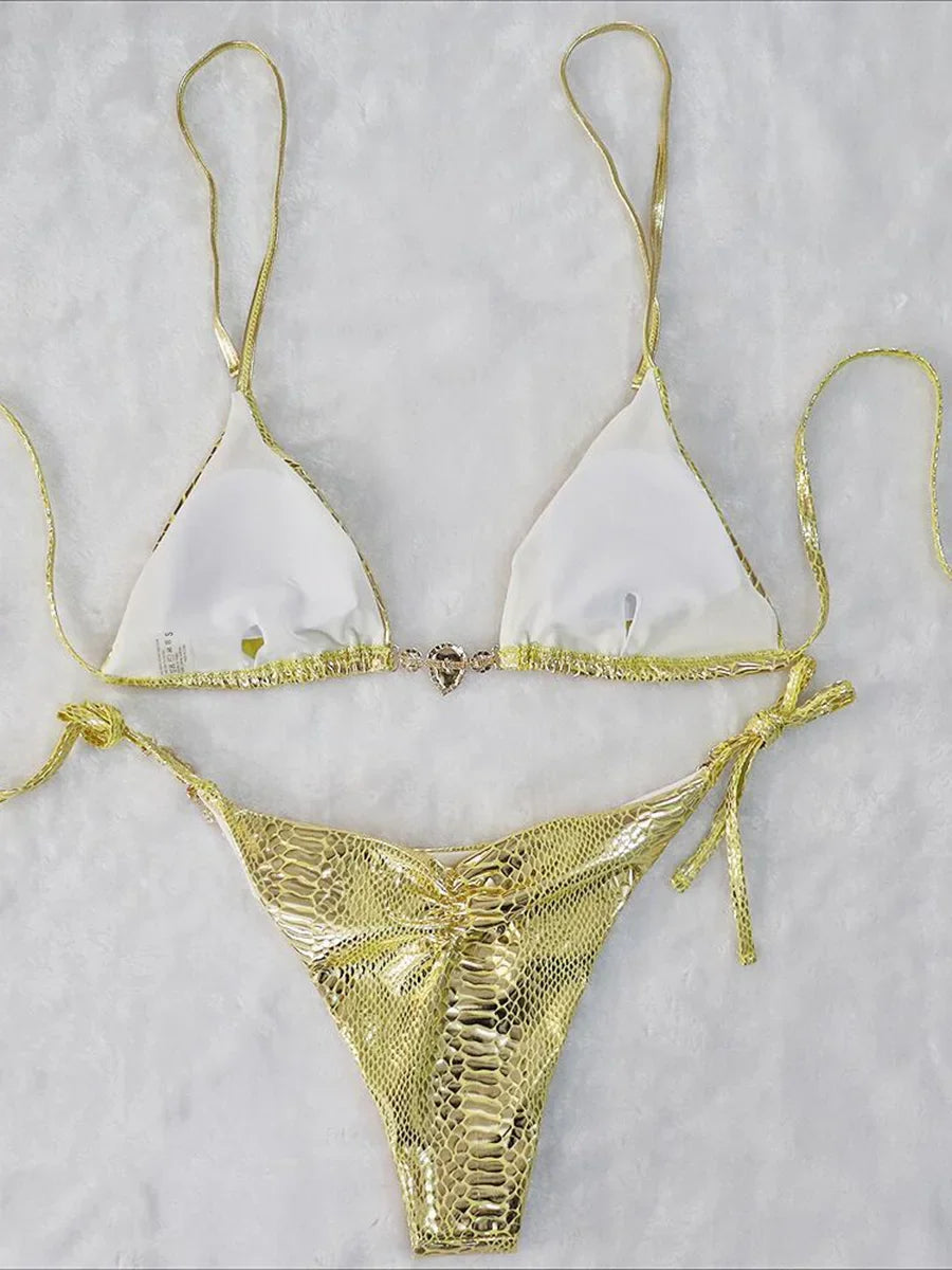 Snake Skin Rhinestone Diamond Bikini Female Swimsuit Women Swimwear Two-pieces Bikini Set High Cut Halter Bathing Suit Swim Lady
