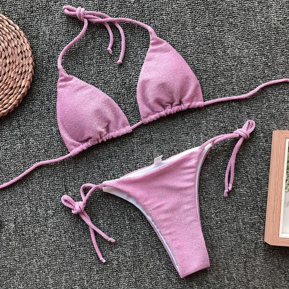 2 Colors Sexy Bikini Women Swimwear Swimsuit Solid Shining Fabric Triangle Halter Bikinis Set Bathing Suit Beach Bikini Female