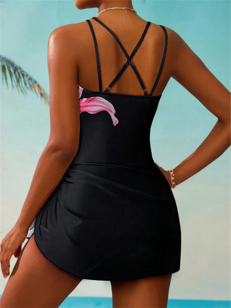 Vintage Yellow Lily Floral Print One Piece Swimsuit Women Double Strap V Neck Holiday Slim Tummy Control Skirt Swimwear Set 2026