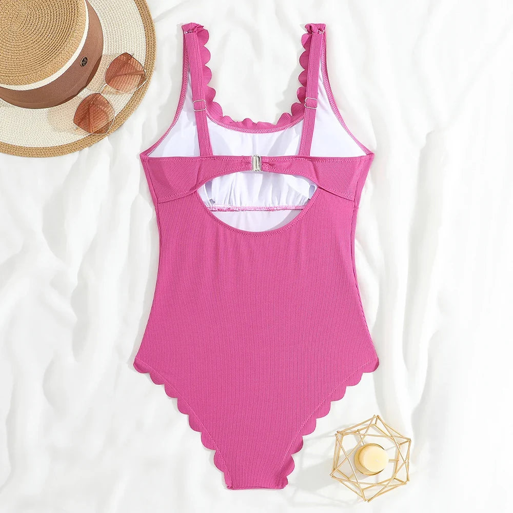 2026 Sexy Ruffle Swimsuit One Piece Solid Swimwear Women Bathers Bathing Swimming Swim Suit Female Beachwear XXL