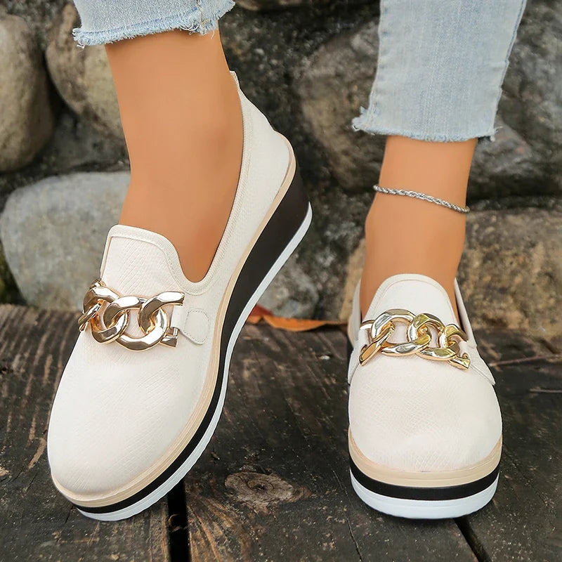 Fashion Metal Chain Wedge Heeled Loafers Women 2026 Slip On Platform Pu Leather Shoes Woman Non Slip Thick Sole Single Shoes