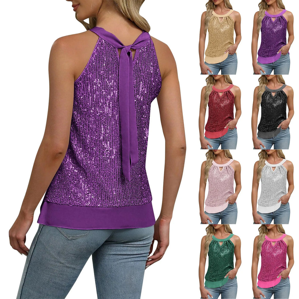 Women's Sequin Glitter Tank Tops Sleeveless Crew Neck Slim Fit Camisole For Holiday Backless Bow Tie Streetwear Party Club Vest
