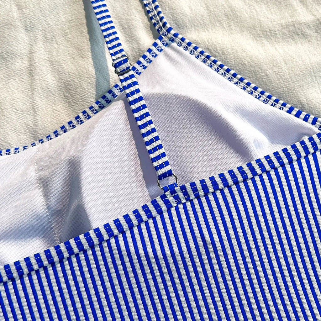 2025 New Split Swimsuit Women's Drawstring Backless Fashion Sexy Stripes Gather Slim and Thin Swimsuit Купальник Женский