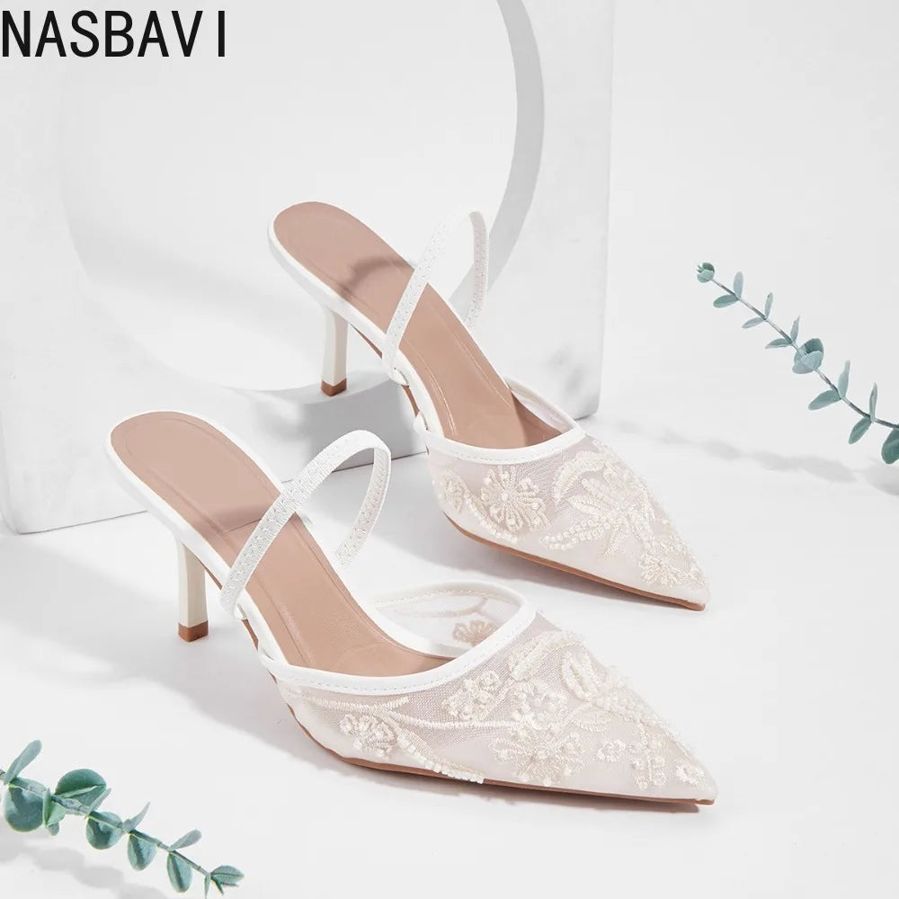 Brand Lace Designer White Women Wedding Pumps Mesh Embroidered Flowers Back Strap Sexy Slingback High Heels Dress Shoes Ladies