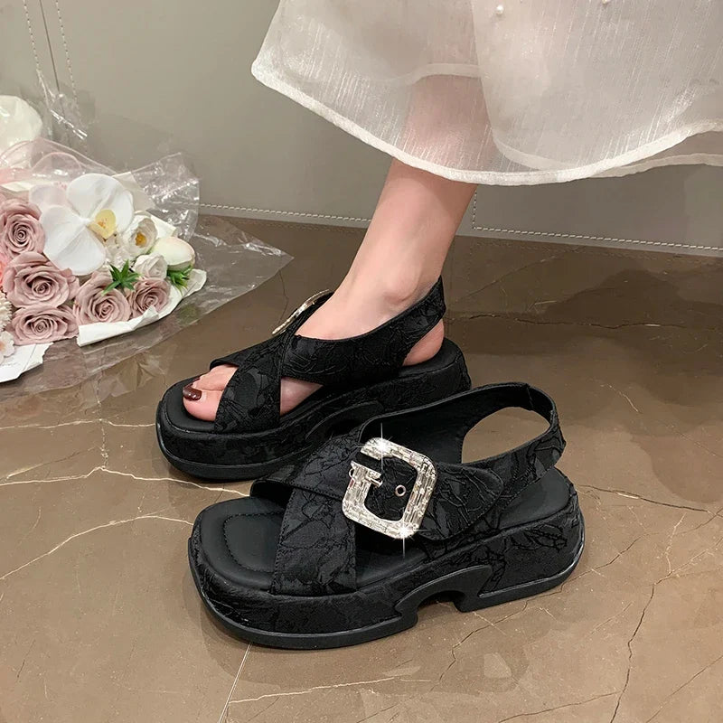 Fashion Crystal Buckle Platform Sandals Women Pink Embroidery Thick Heels Sandalias Mujer Comfortable Heightened Rome Sandals