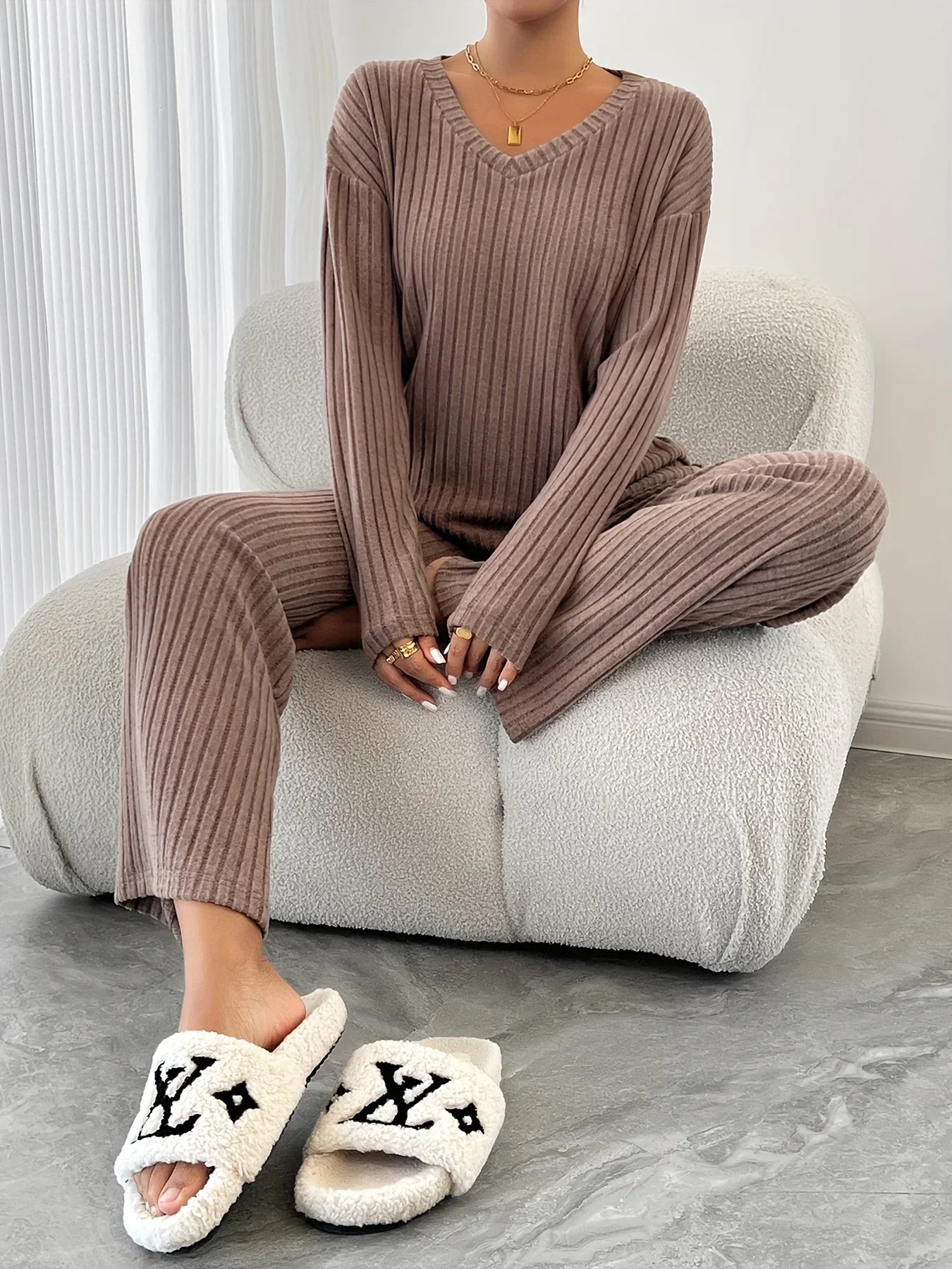 Autumn and Winter Casual V-neck Pocket Striped Knited Tops and Long Trousers Two-piece Sets, Women's Pajamas Set Sleepwear