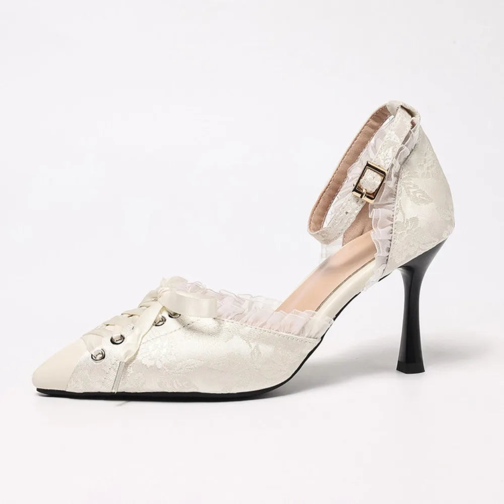 Spring Women's Sandals Pointed Toe Thin Heels 8cm Ankle Buckle Strap French Lace Up Ladies Pumps Dress Shoes Sandals New 2026