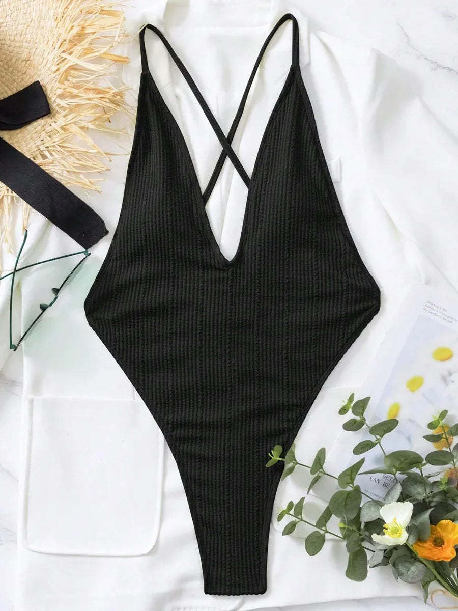 Sexy Ribbed Cross Backless Women Monokini Micro String Thong Swimwear One Piece Swimsuit Female High Cut Bathing Suit Swim Lady