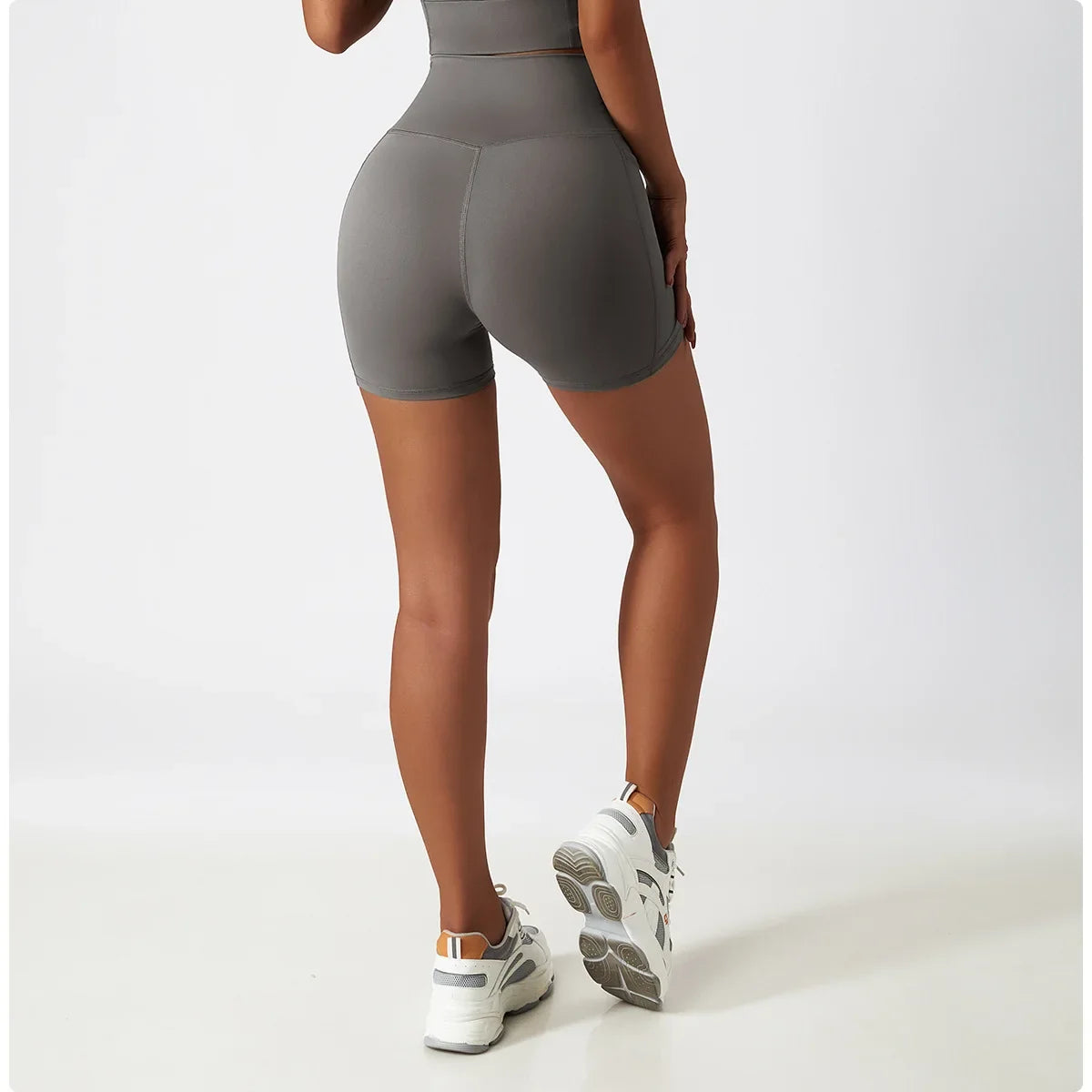 Comfortable Skin Friendly Summer High Waist Yoga Shorts Gym Hip Lift Pants Pocket Breathable Running Cycling Sports Shorts Women