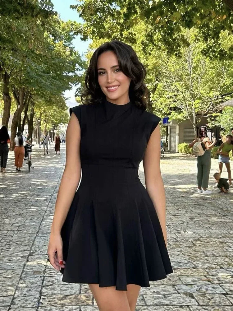 Foridol Stand Collar Sleeveless Pleated Tank Dress for Women Brown Casual Short Autumn Winter Dress Zip Black Ladies Vestidos
