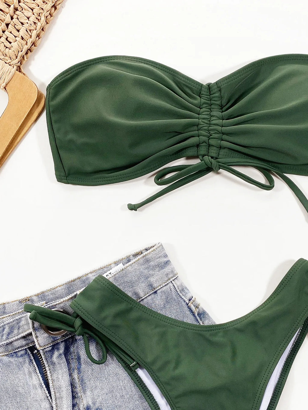 2026 Sexy Bikini Bandeau Women Swimwear Swimsuit Army Green Shirring Beach Bikini Set Bathing Suit Female Maillot De Bain Femme