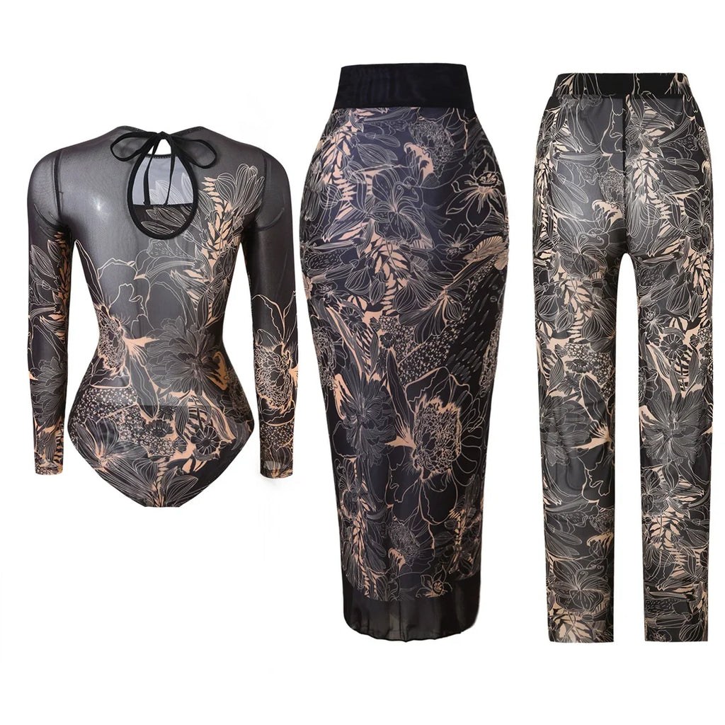 S - XXL 3PCS New Printed Long Sleeve With Pants Sarong Women Swimwear One Piece Swimsuit Female Bather Bathing Suit Swim V7180