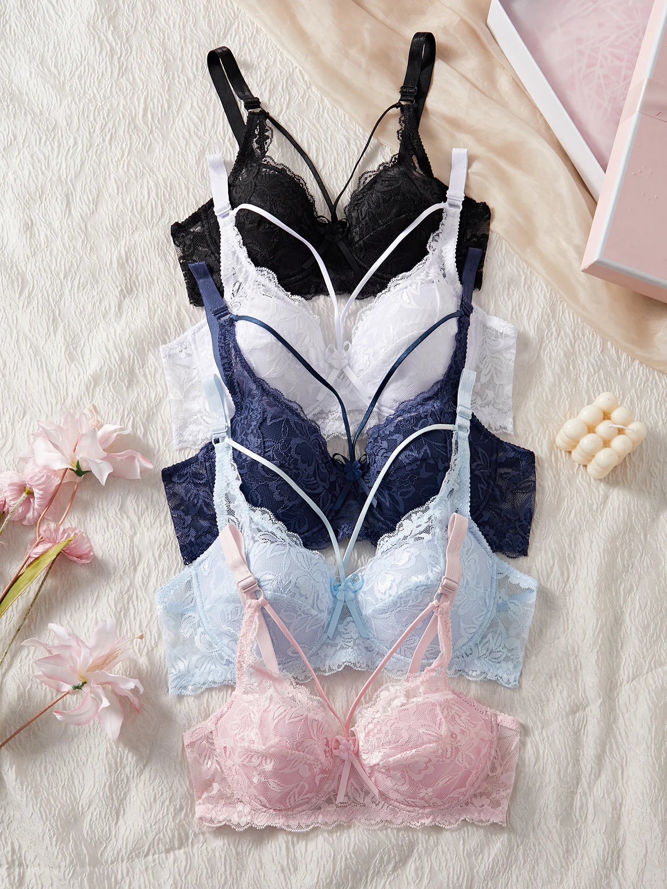 5PCS Lace Women's Underwear Set Hollow-out Lace Push up Bra Bow Breast Lift Band Sexy Bras Women Lingerie