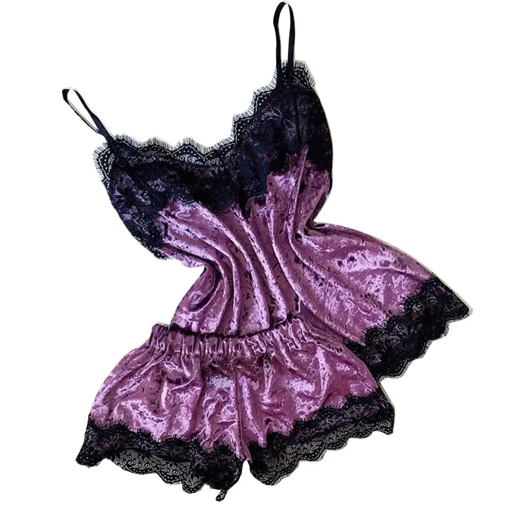 Summer Velvet Pyjamas Set for Women Sleepwear Sleeveless Straps Nightwear Lace Trim Cami Top and Shorts Sets Sexy Lingerie