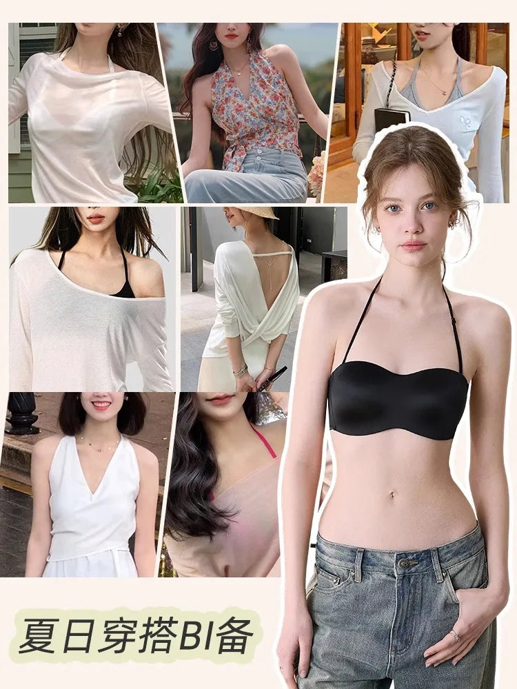 Vintage Multiway Bra Halter Neck Non-Slip Adhesive Bra for Small Bust Satin Backless Strapless Summer Lingerie UK S-XL MOYISU AB