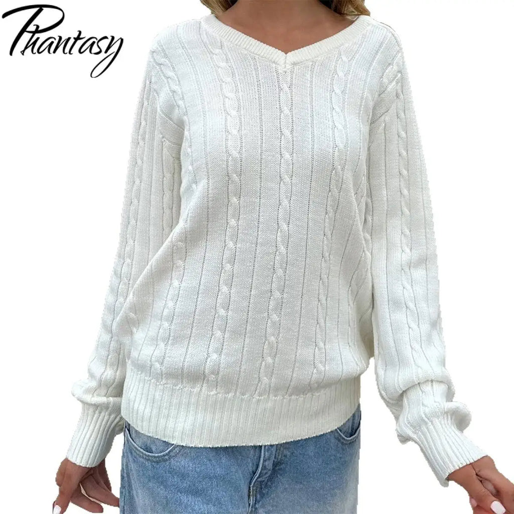 Phantasy Retro Solid Color Sweater Winter Women's V-Neck Casual Simple Loose Knit Sweater Trendy Spring Autumn Winter Sweater