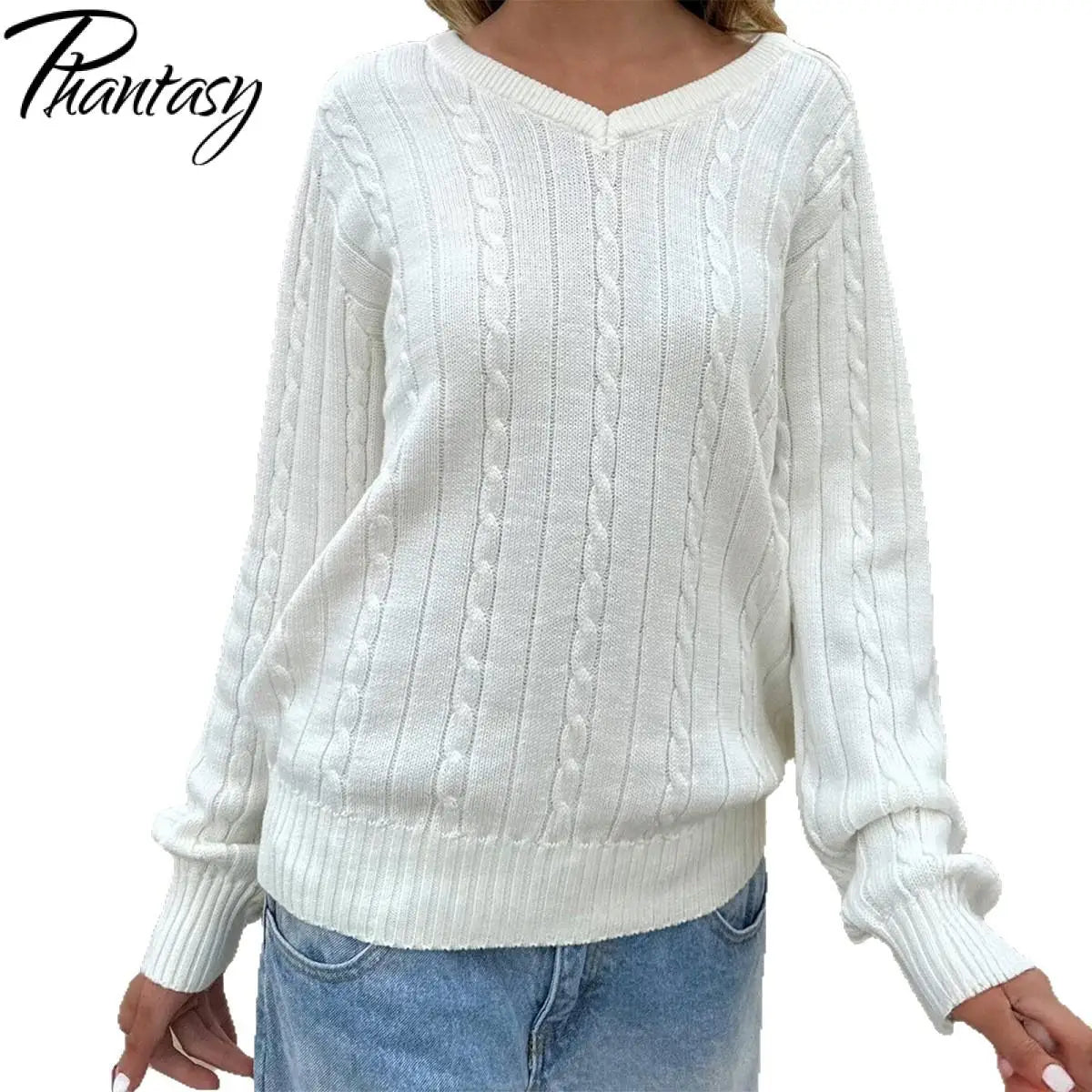 Phantasy Retro Solid Color Sweater Winter Women's V-Neck Casual Simple Loose Knit Sweater Trendy Spring Autumn Winter Sweater