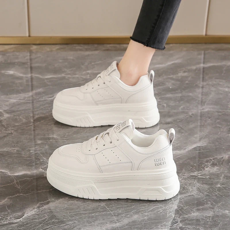 Pu Leather Thick Bottom Sneakers Women 2025 Breathable Platform Vulcanised Shoes Woman Womens All Match Lace Up Casual Sneakers